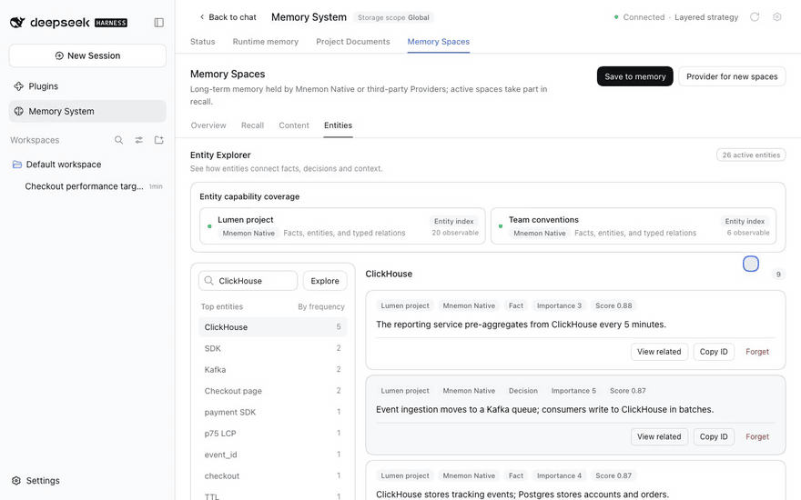 The Plugins page: memory composition, the main strategy menu, the Layered strategy's and Memory Spaces' pages, then storage and interface