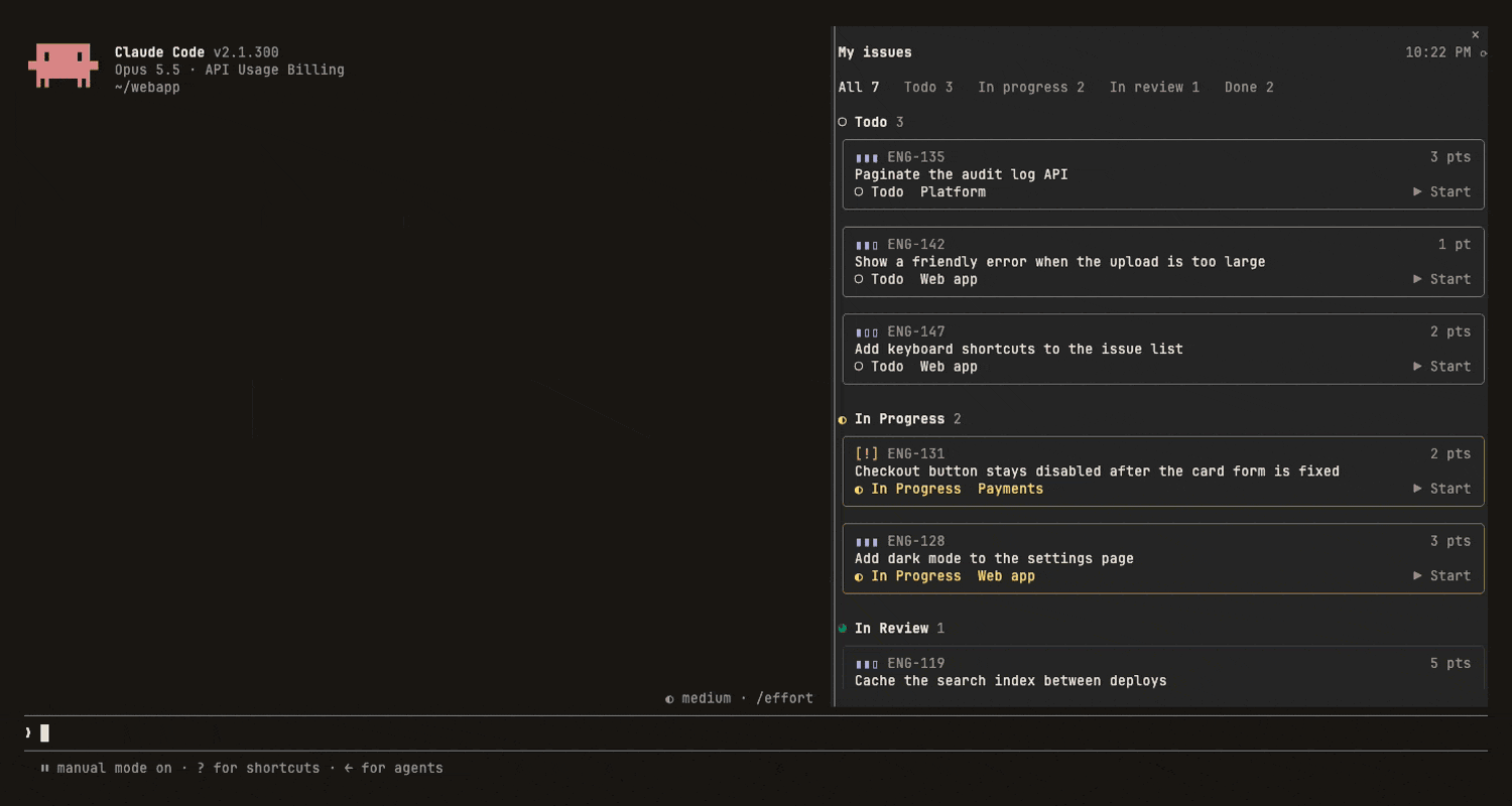 A sidebar lists assigned Linear issues as cards grouped by status, each with a Start button, beside the Claude conversation.