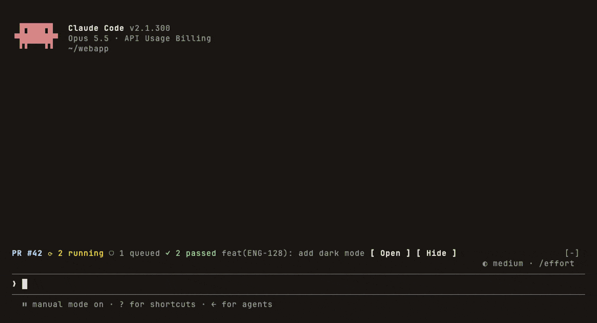 A band above the prompt shows a pull request's checks running, then one failing. After Claude fixes it, all five pass and a toast says so.