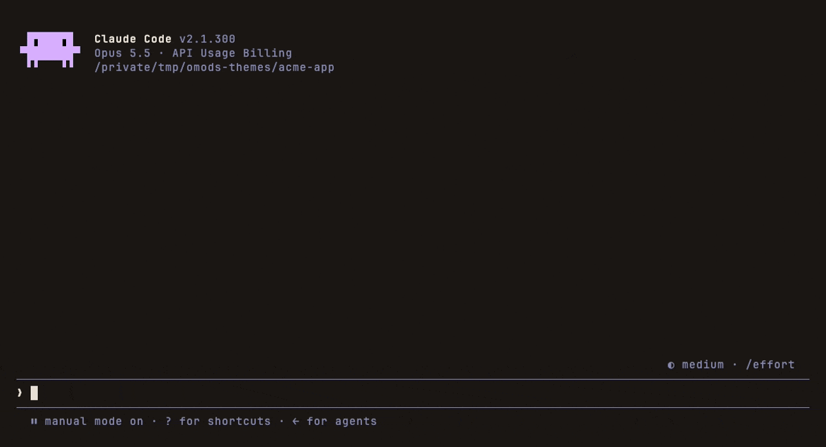 Typing /themes changes the colors of the whole interface, from Catppuccin to Dracula, Gruvbox, Synthwave and Nord. The footer names each theme.