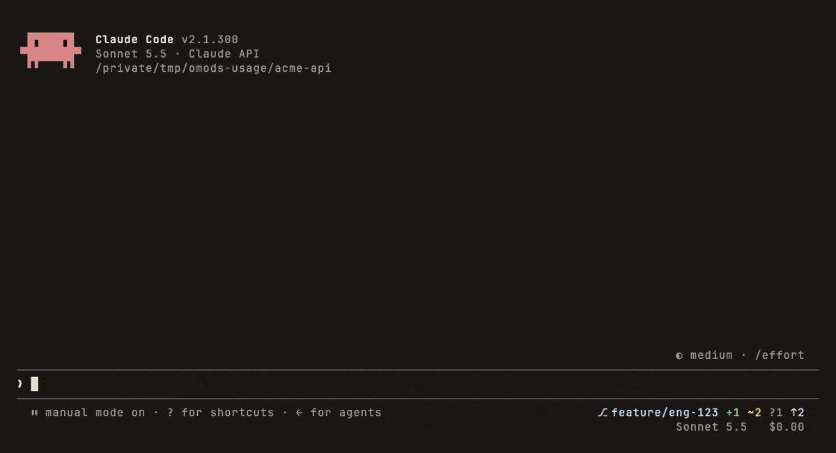A footer bar under the prompt shows the git branch, 5-hour and 7-day limit bars with percentages, and cost. /usage-bar switches them to what is left.