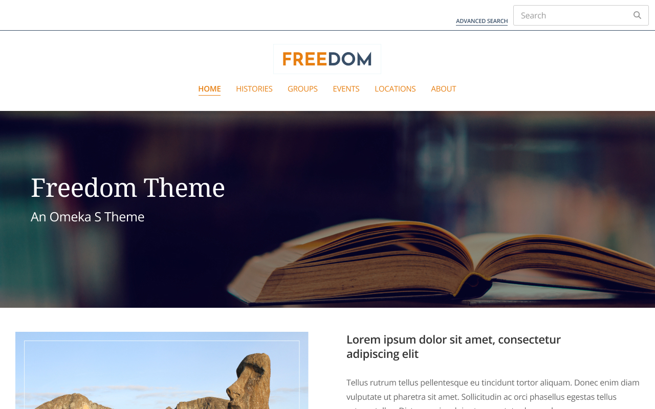 Screenshot of the Freedom Theme homepage with a full-width banner image of an open book above a left-aligned half-page width image of stone formation and a right-align half-page width column of dummy text.