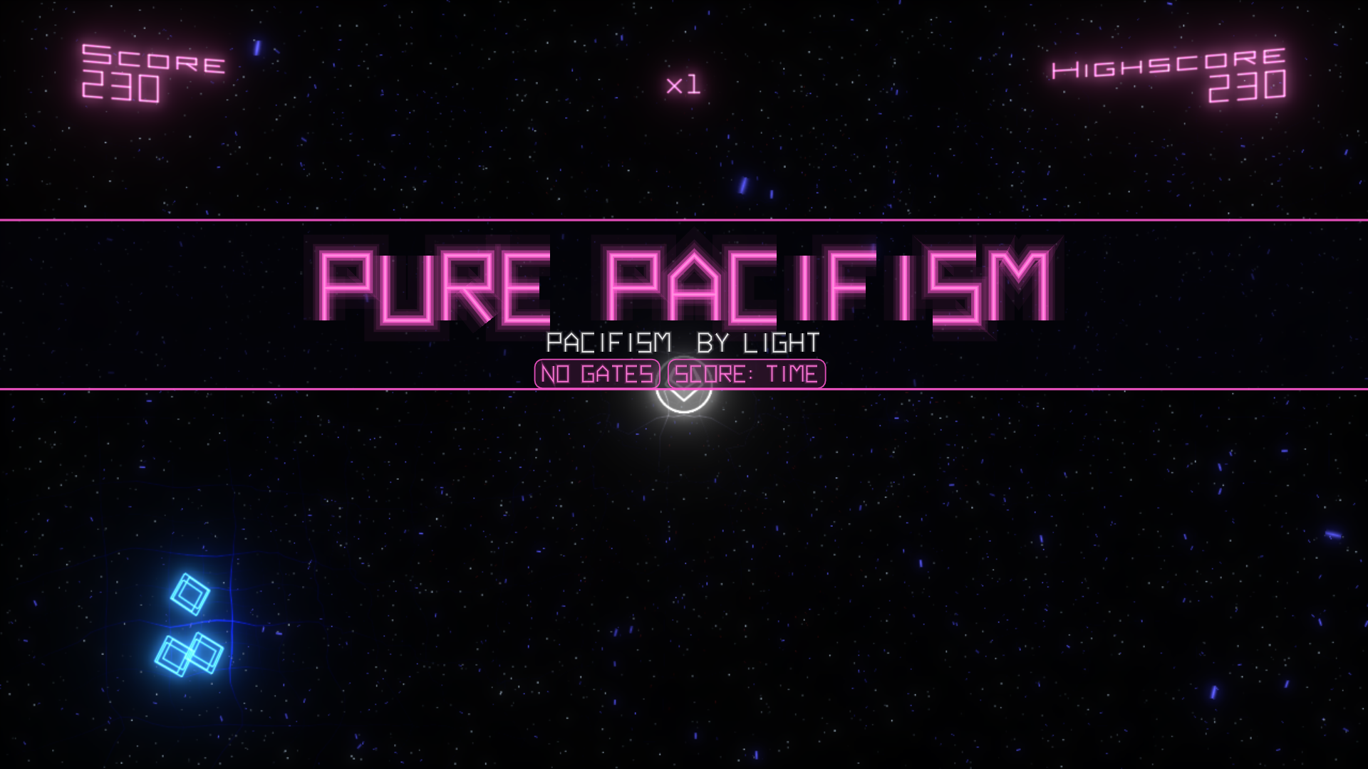 A Pure Pacifism round beginning: PURE PACIFISM across the screen in pink neon, Pacifism by Light, with No gates and Score: time