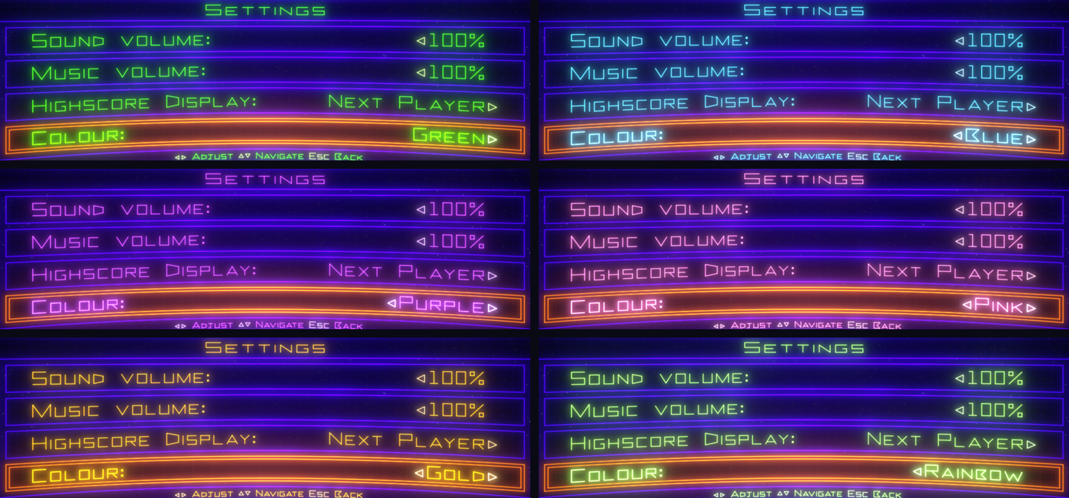 The game's Settings menu in six colours: Green, Blue, Purple, Pink, Gold and Rainbow
