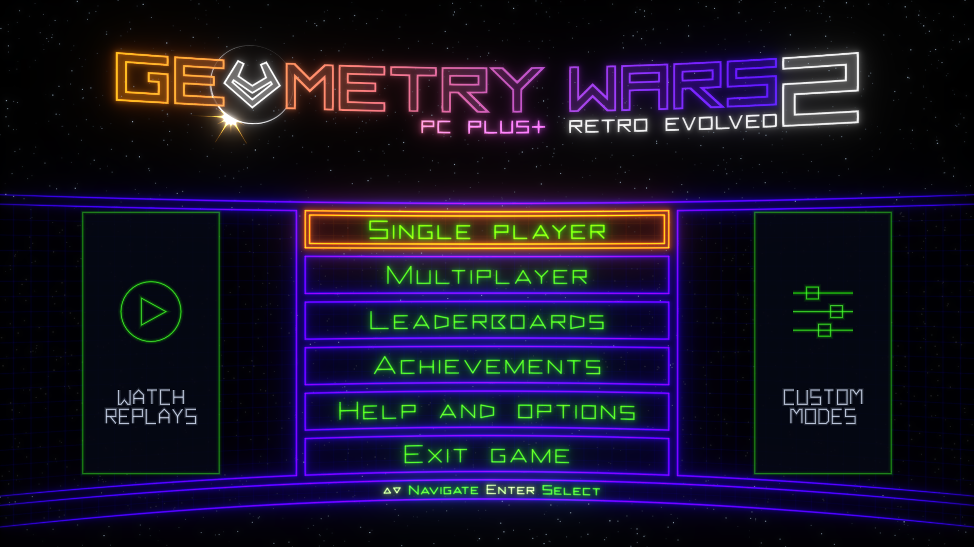 The Geometry Wars 2 main menu, with PC PLUS+ in the logo, the game's own six rows, and Watch replays and Custom modes in panels either side