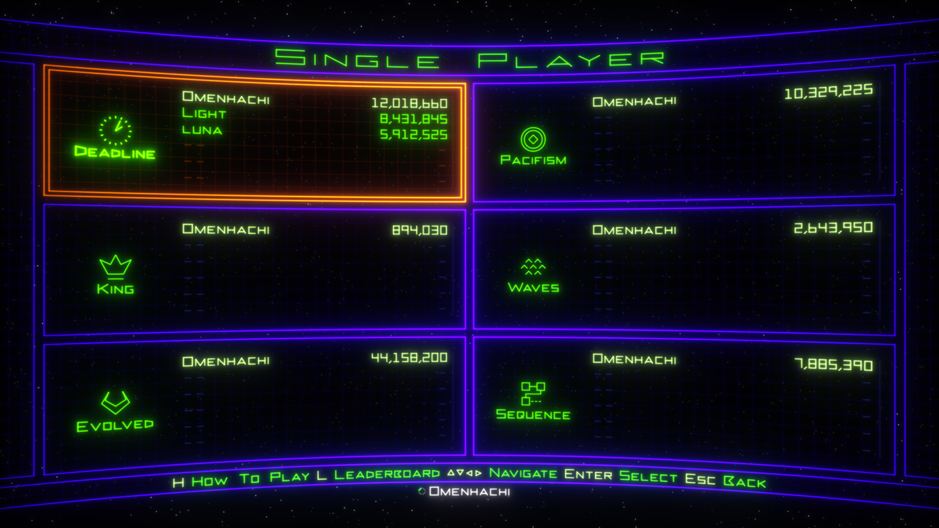 The Single Player screen: the Deadline tile lists Omenhachi, Light and Luna with their scores