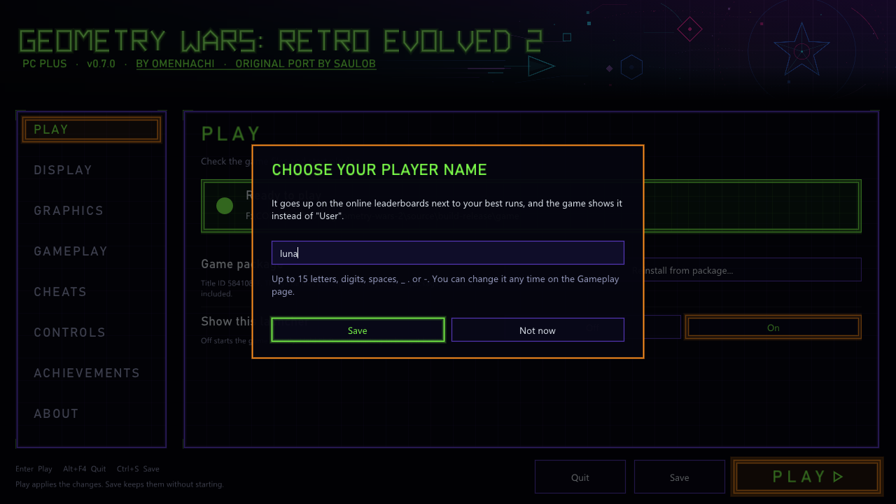 The launcher asking Choose your player name, with Save and Not now