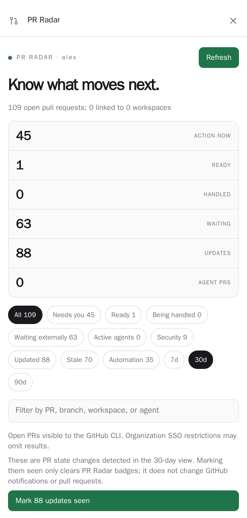 PR Radar compact dashboard