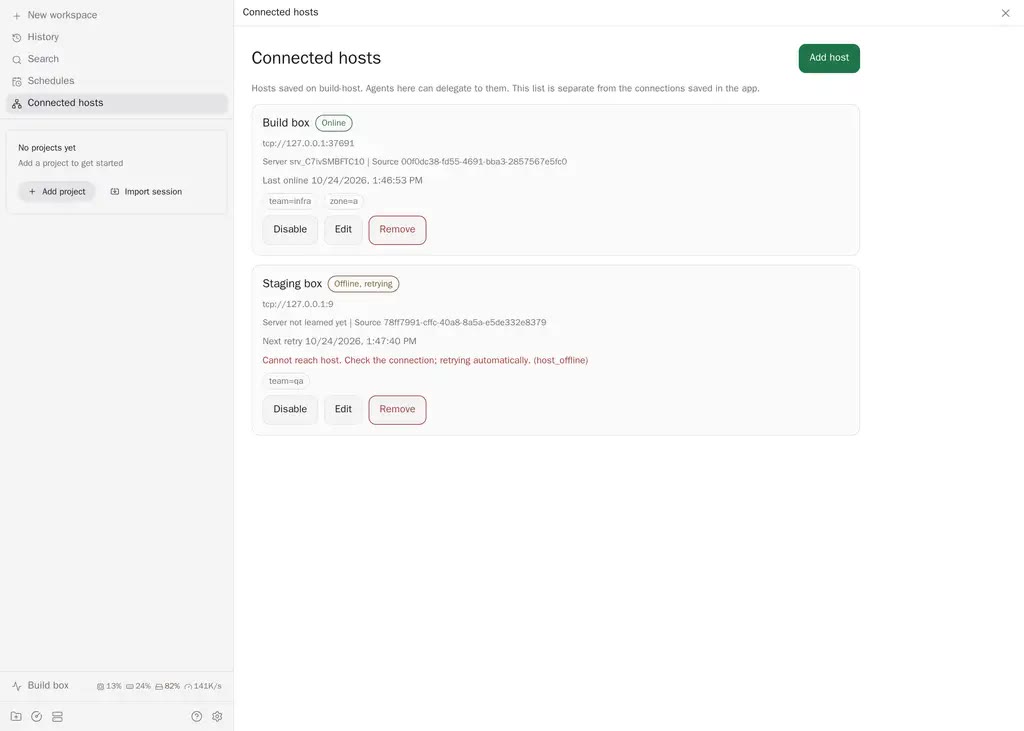 Connected hosts screen with an online and an unreachable host