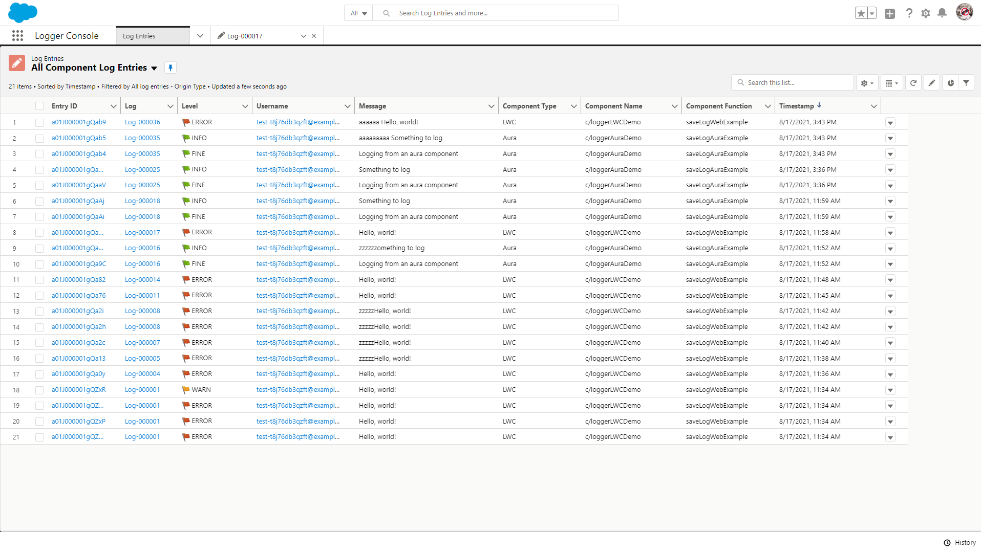 Component Log Entries List View