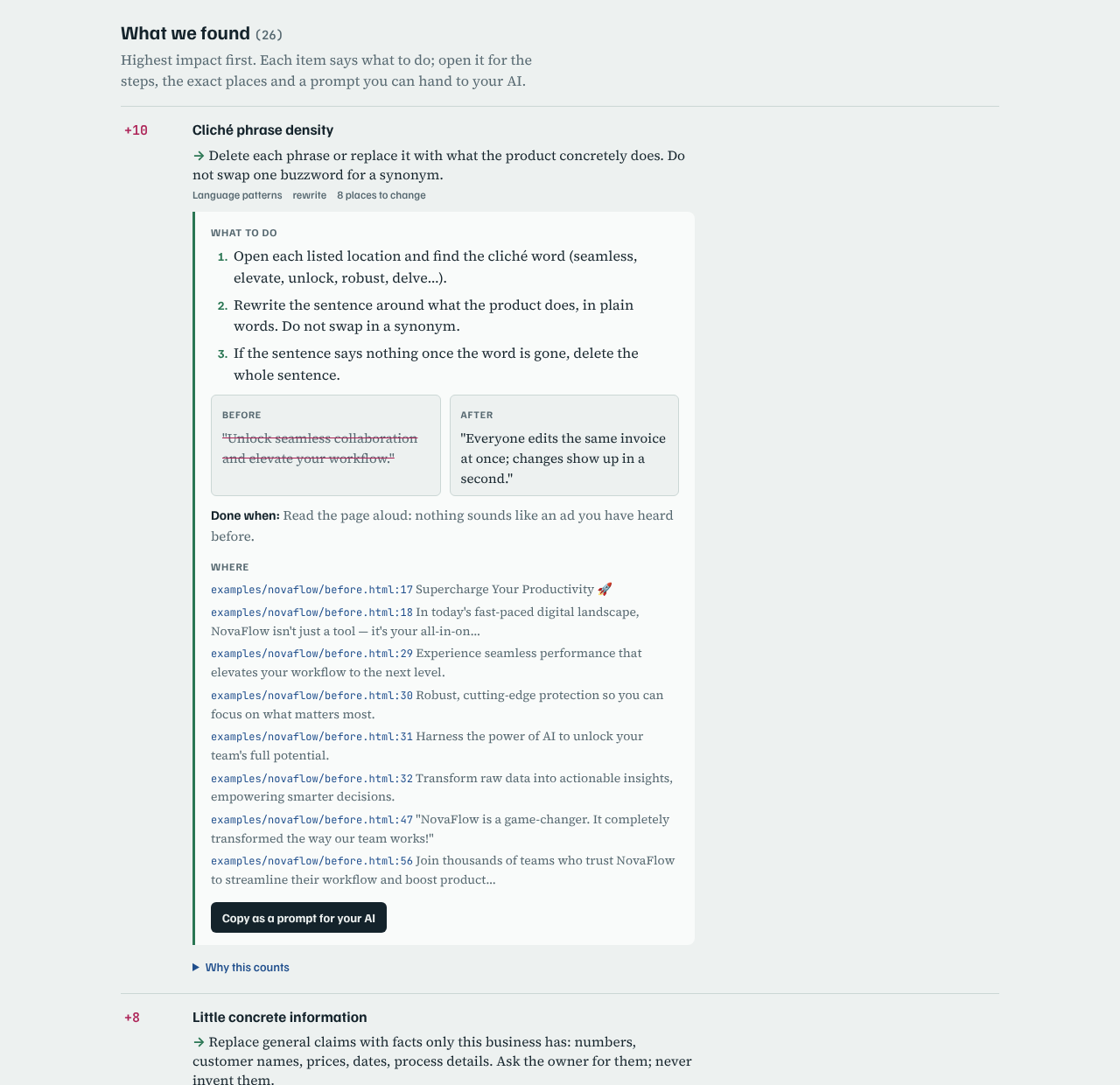A finding with steps, a before/after example, the exact lines and a copy-as-prompt button