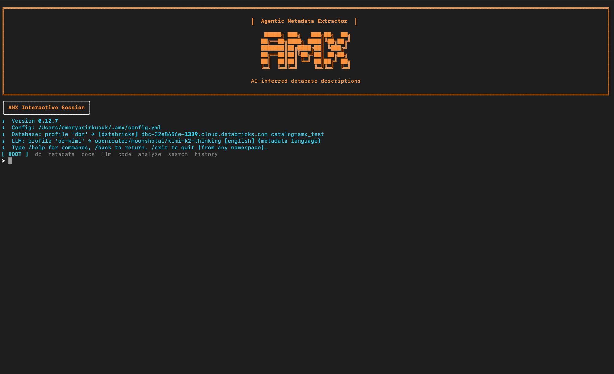 AMX REPL — interactive session showing /run output with ranked suggestions, confidence scores, and review prompts
