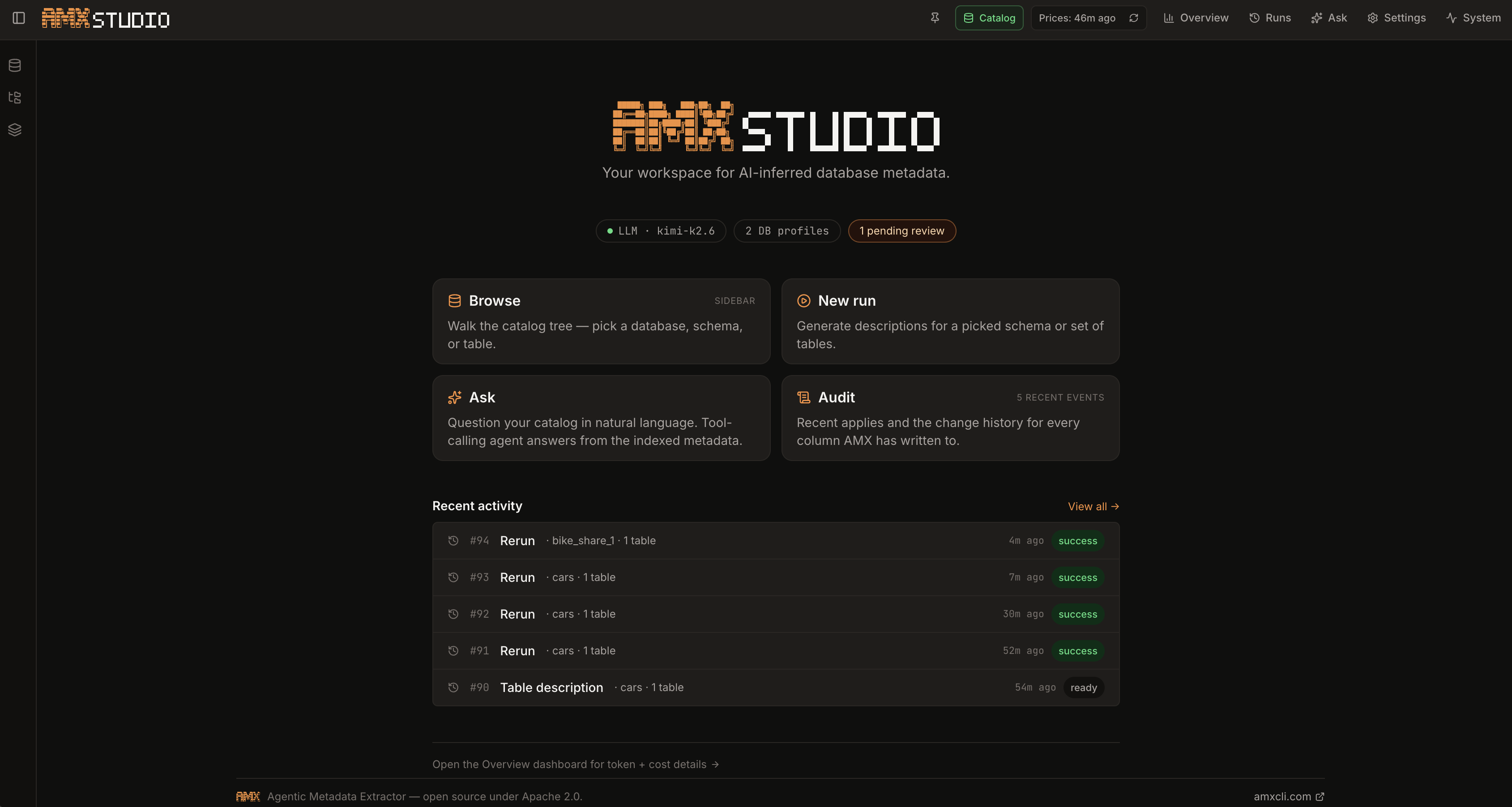 AMX Studio Catalog landing page — sidebar with Catalog selected, four quick-action cards (Browse, New run, Ask, Audit), and a Recent activity feed