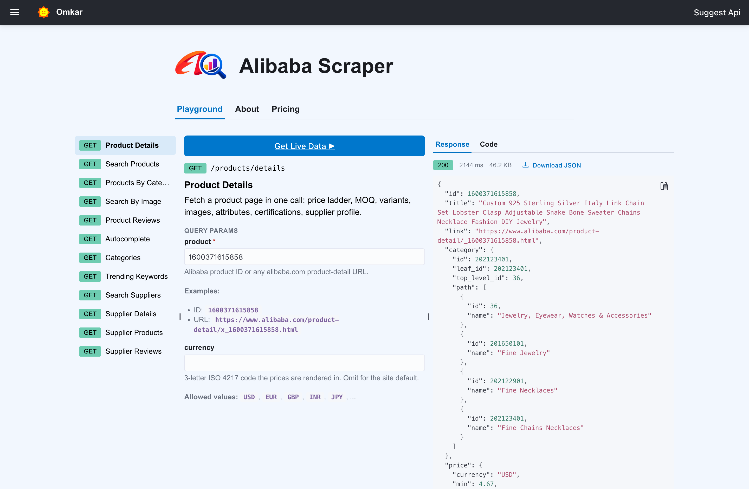Alibaba Scraper API playground β run a live request in your browser, free, no sign-up