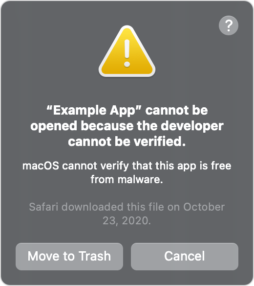 macOS warning dialog showing "App cannot be opened because the developer cannot be verified"