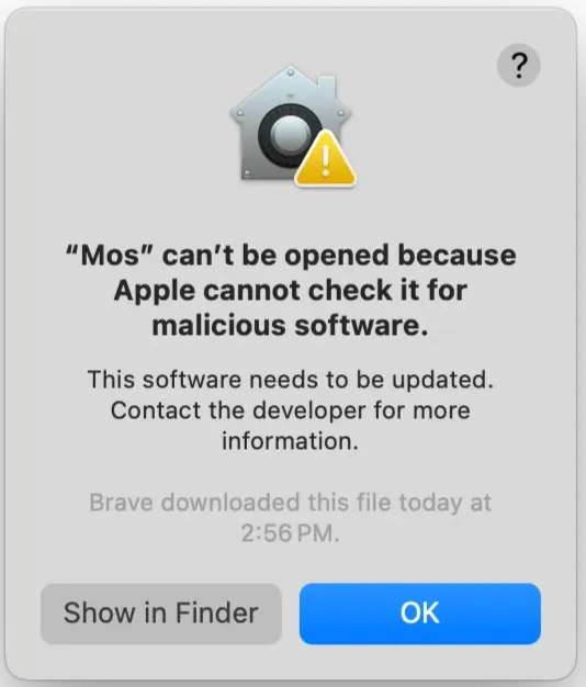 macOS warning dialog showing "App cannot be opened because the developer cannot be verified"