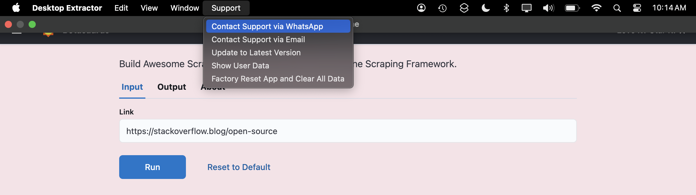 Support Menu Example showing WhatsApp and Email options