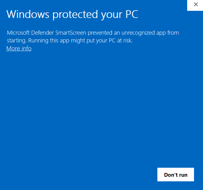 Windows SmartScreen warning showing "Windows protected your PC" message for unsigned application