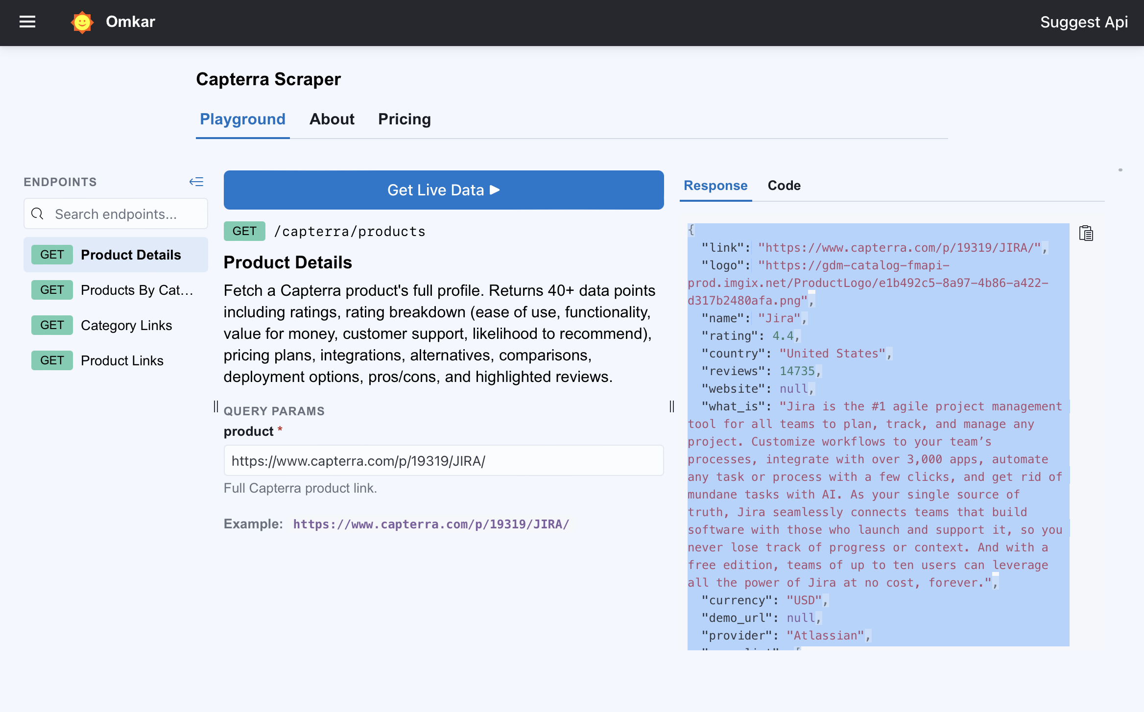 Capterra Scraper API playground — run a live request in your browser, free, no signup