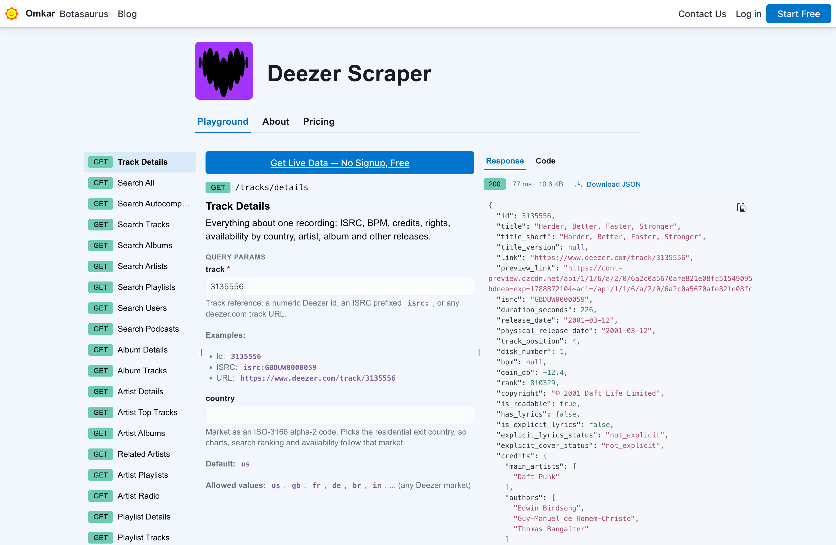 Deezer Scraper API playground β run a live request in your browser, free, no sign-up