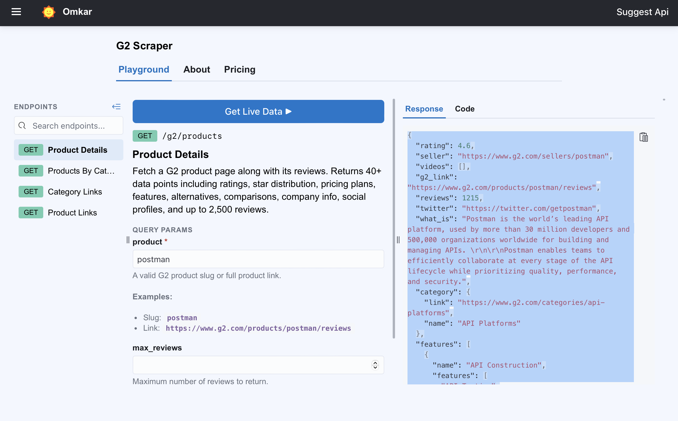 G2 Scraper API playground — run a live request in your browser, free, no signup