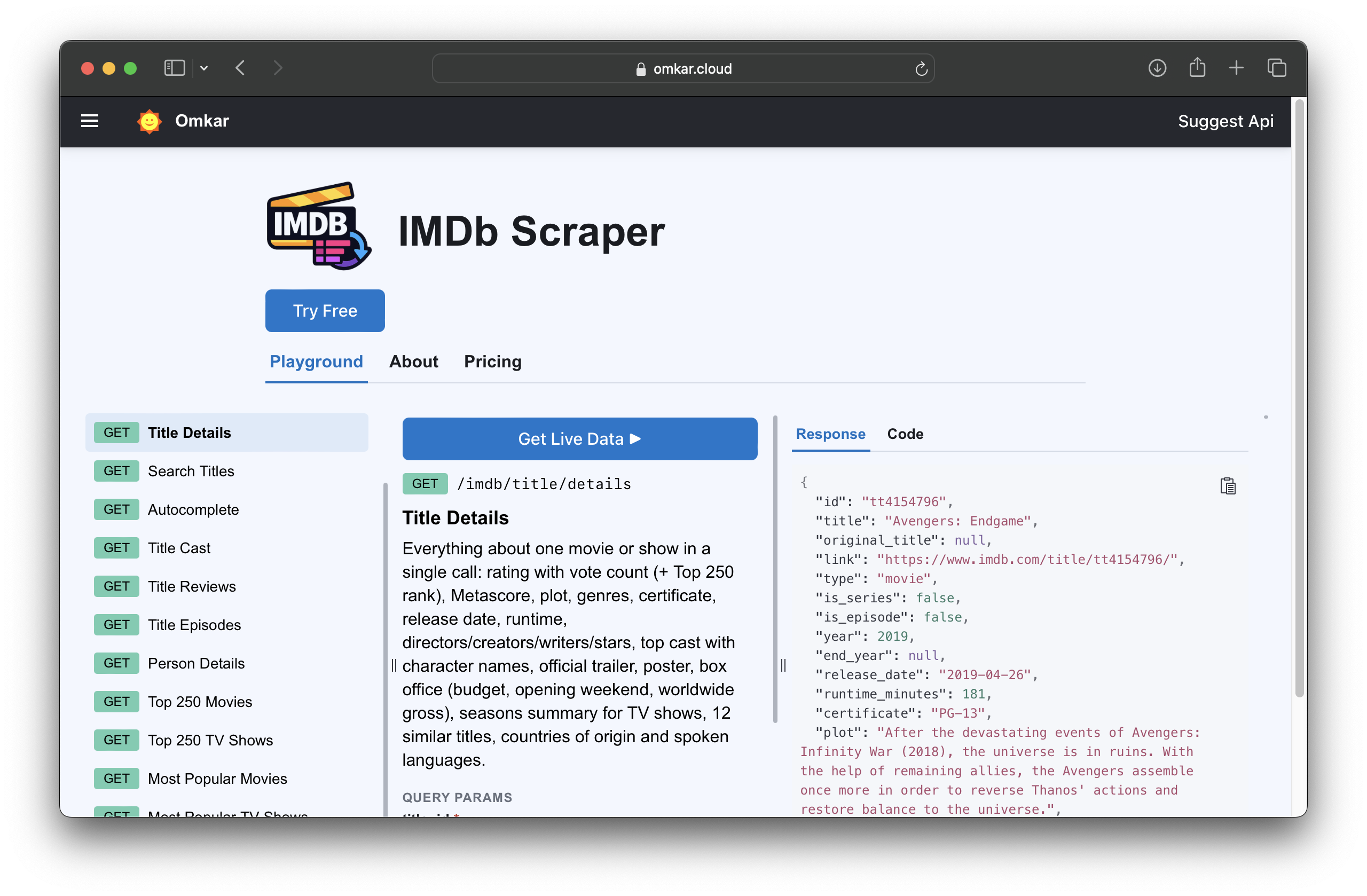IMDb Scraper API playground — run a live request in your browser, free, no sign-up