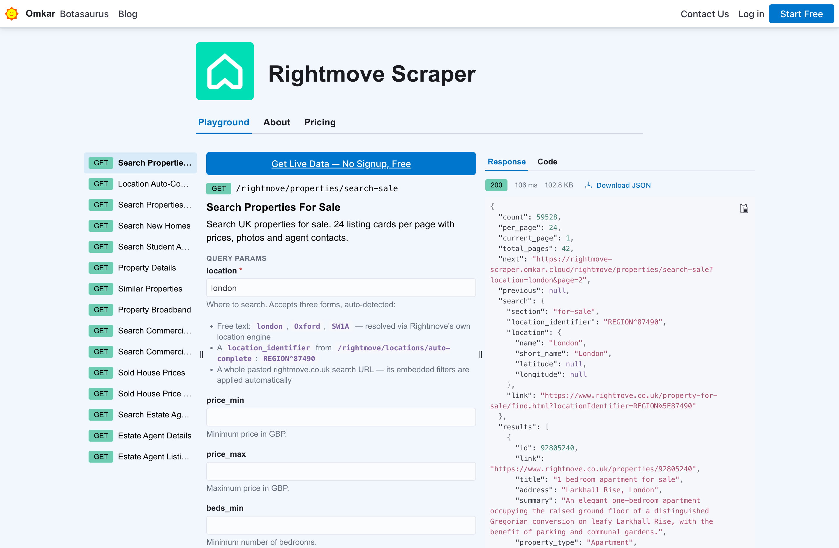 Rightmove Scraper API playground — run a live request in your browser, free, no sign-up