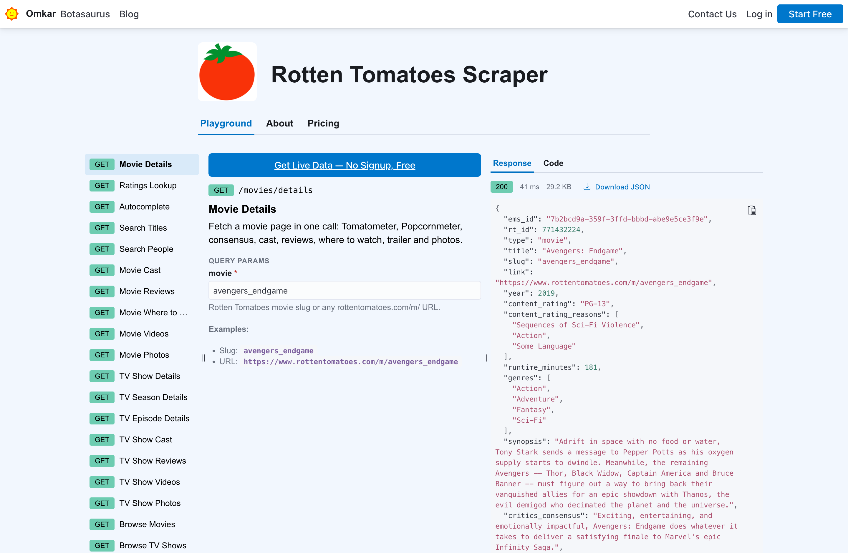 Rotten Tomatoes Scraper API playground β run a live request in your browser, free, no sign-up