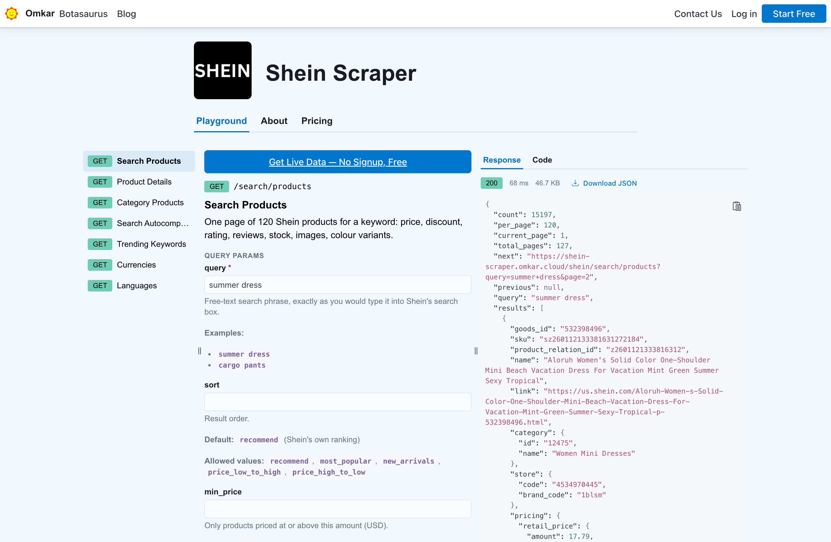 Shein Scraper API playground — run a live request in your browser, free, no sign-up