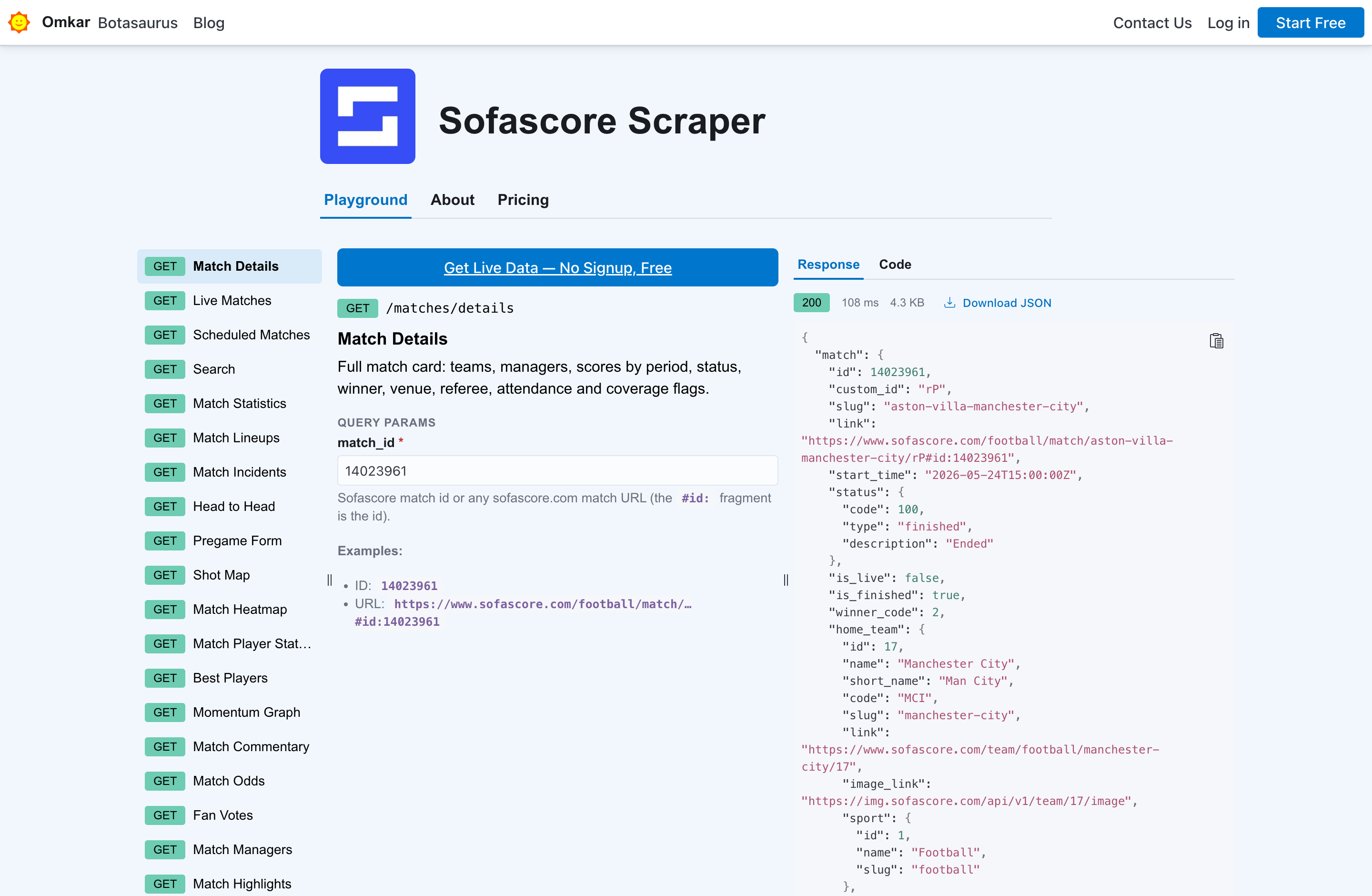 Sofascore Scraper API playground β run a live request in your browser, free, no sign-up