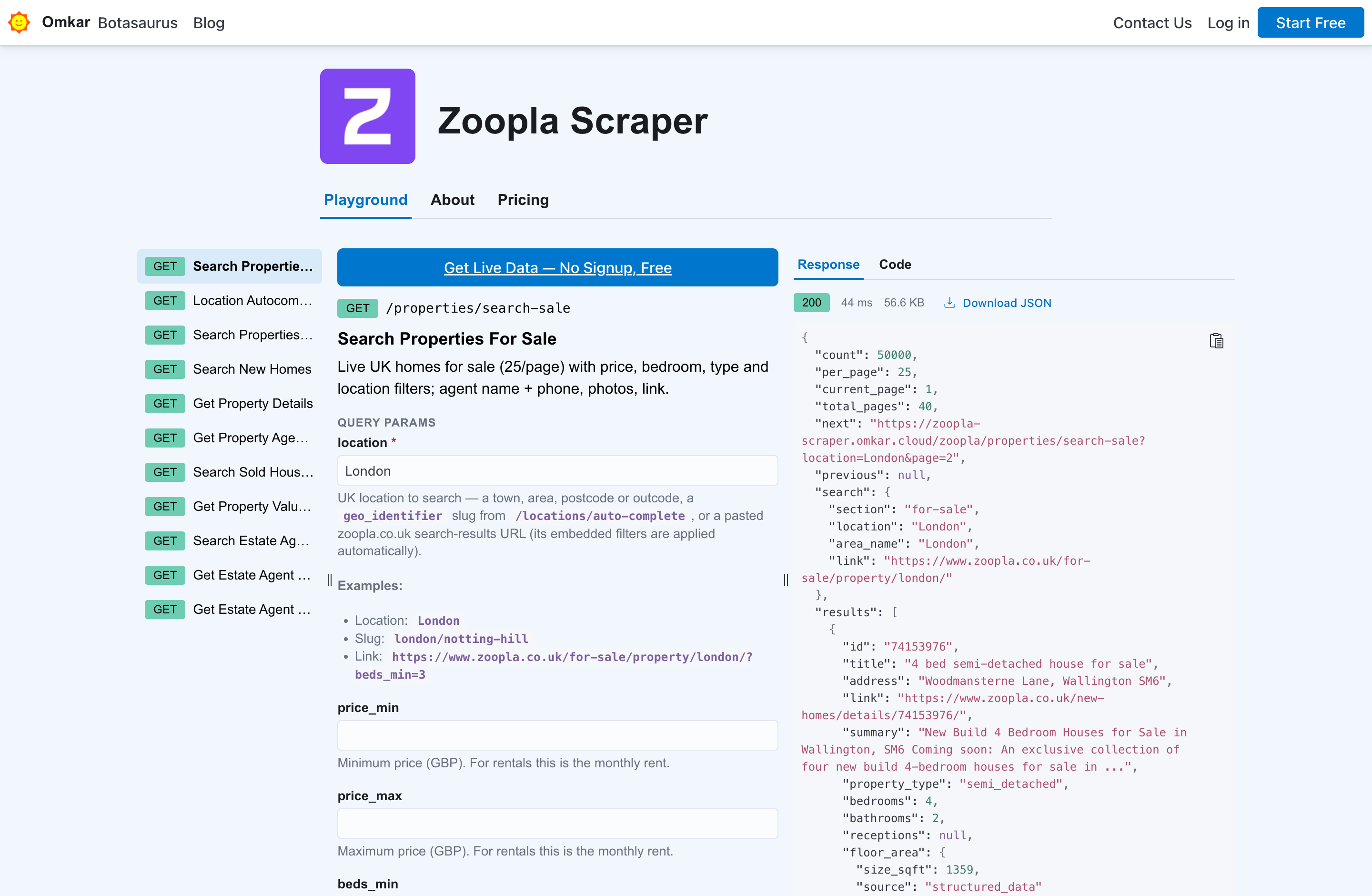 Zoopla Scraper API playground — run a live request in your browser, free, no sign-up