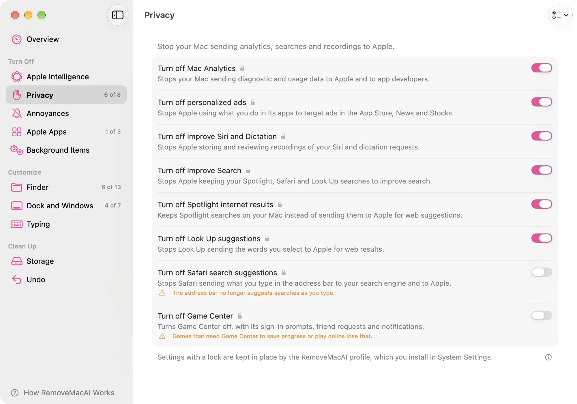 Privacy settings in RemoveMacAI