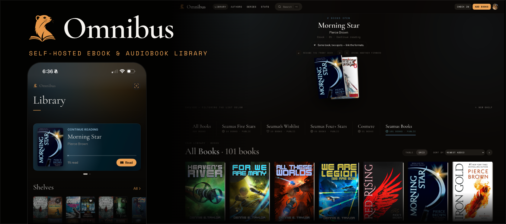 Omnibus — self-hosted ebook & audiobook library, shown on web and iOS