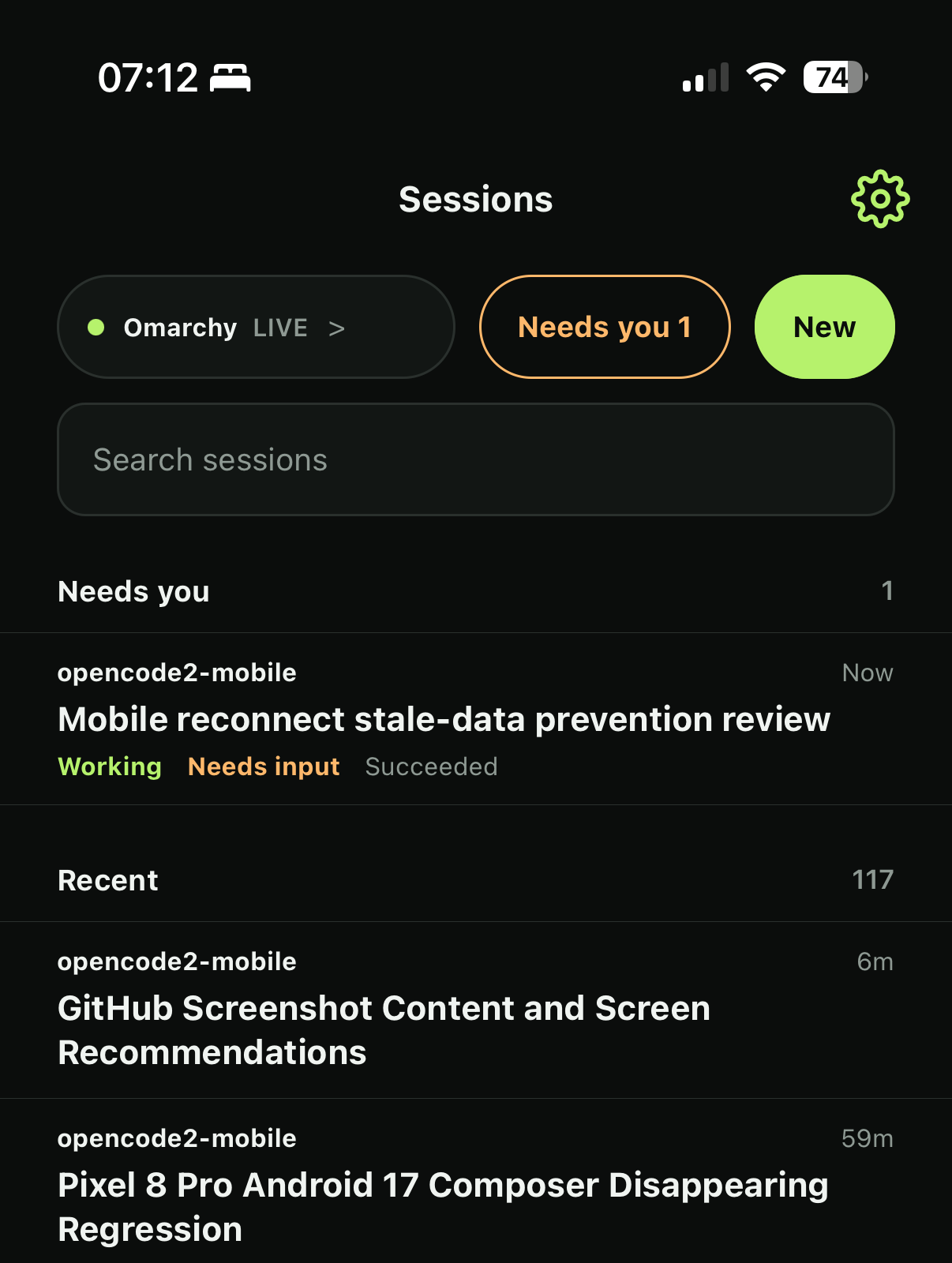 Session inbox with active work and a session that needs input