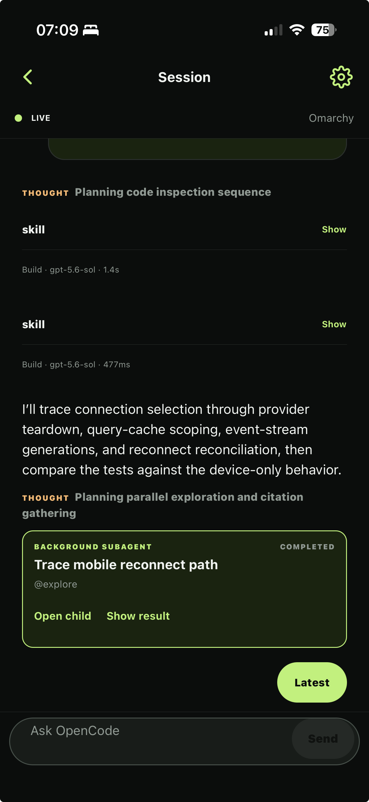 Coding session with a completed background subagent