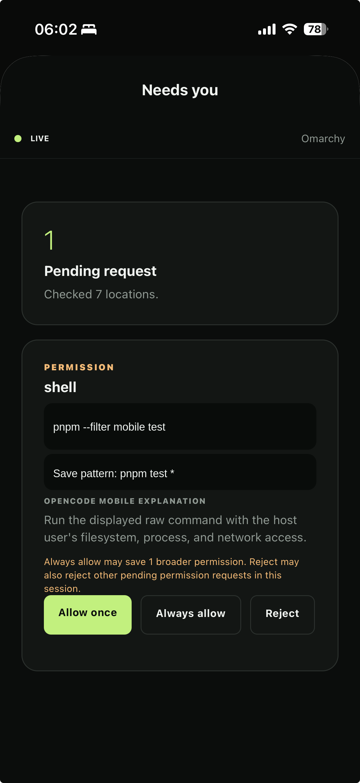 Pending shell permission with allow and reject controls