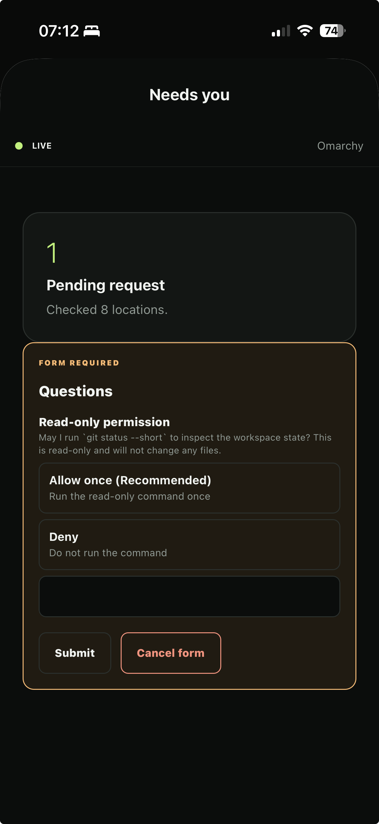 Pending OpenCode form with a read-only command choice