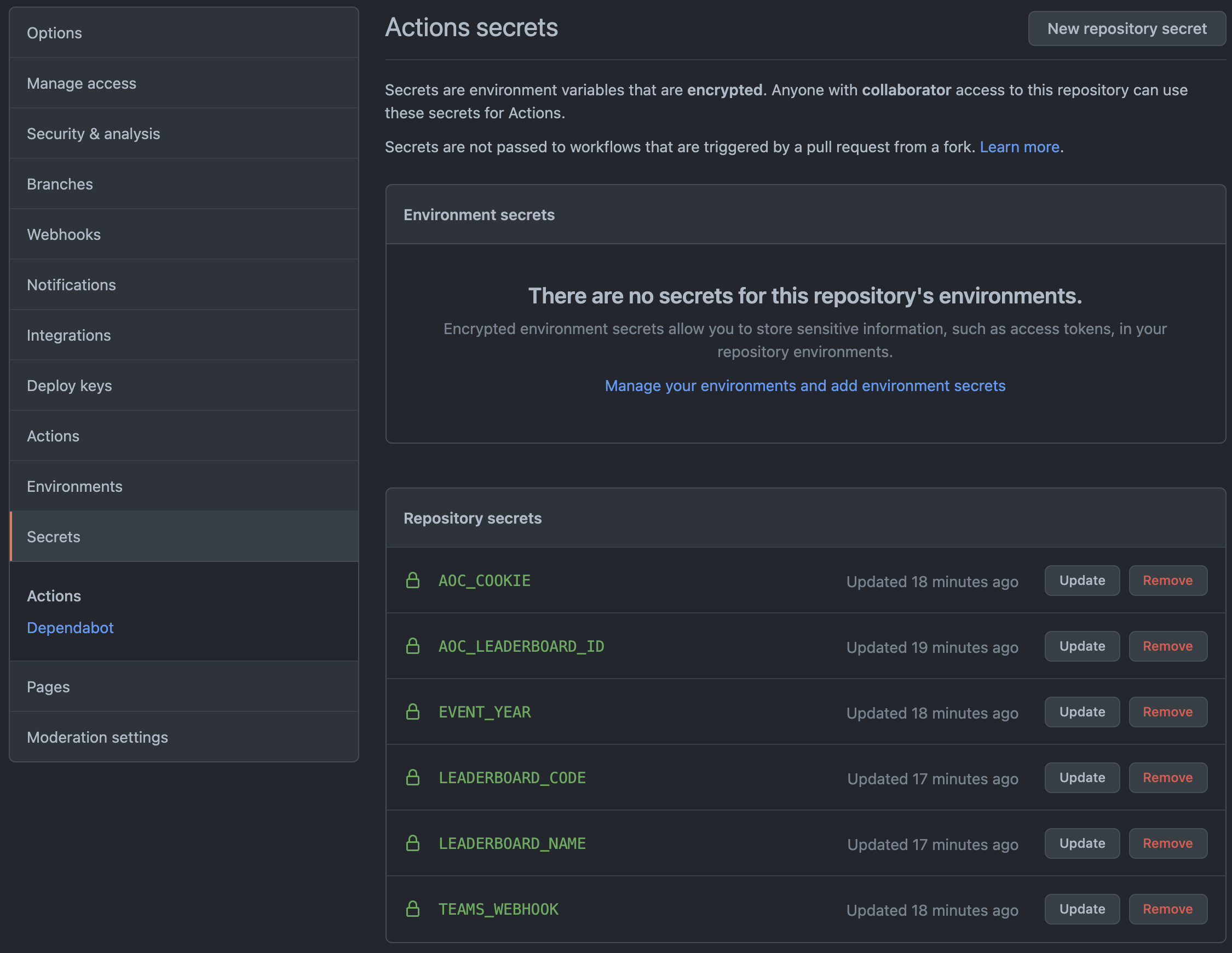 GitHub repository secrets screenshot