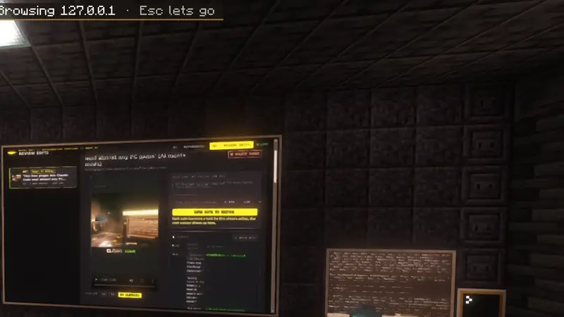 The editing room: the review page for a cut on an in-world monitor wall