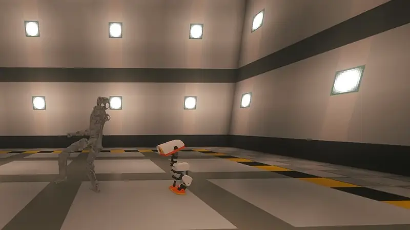 The robot lab: the RP1 humanoid, a GLaDOS-style ceiling AI and a Microduck, all simulated live in MuJoCo, standing in a white Minecraft lab