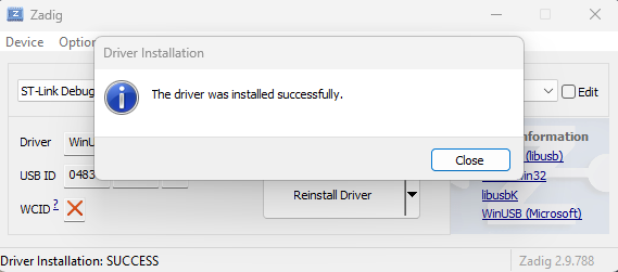 Zadig reporting The driver was installed successfully