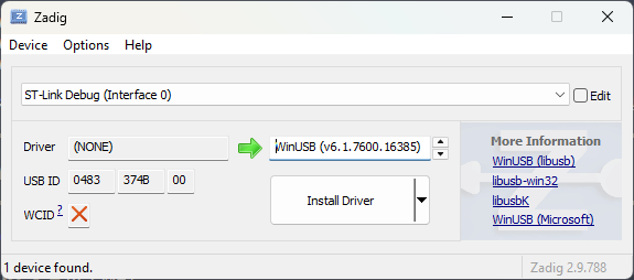 Zadig with ST-Link Debug (Interface 0) selected, USB ID 0483 374B, and WinUSB as the target driver