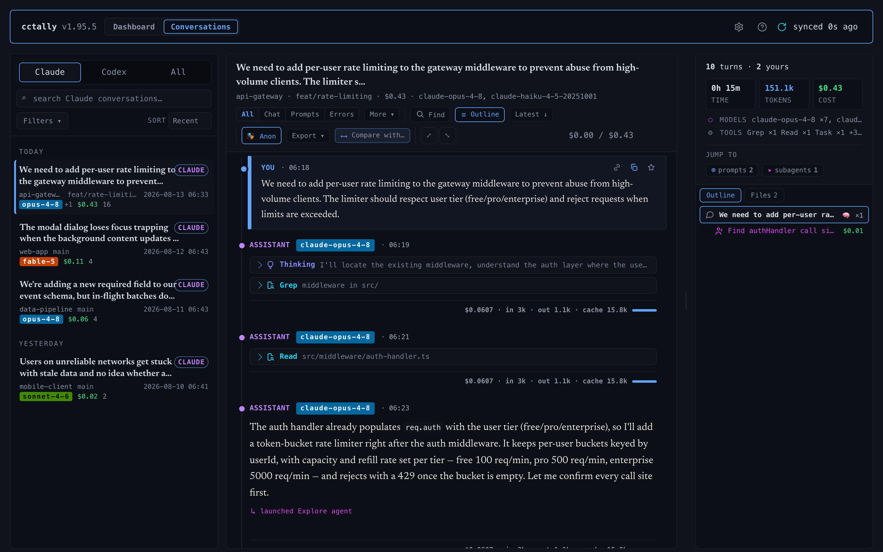 Conversation viewer: rail, threaded reader, and outline