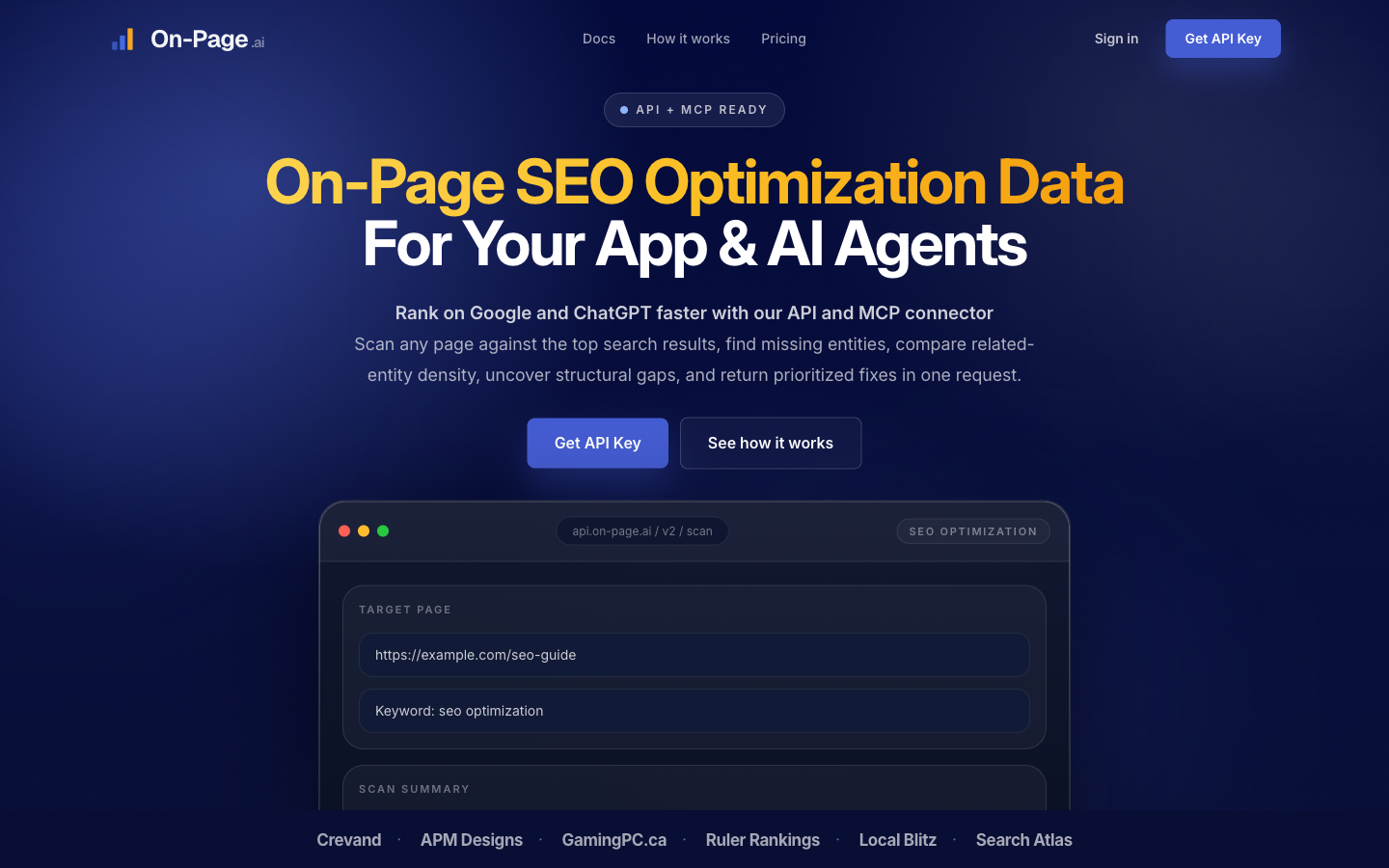 On-Page.ai API homepage screenshot