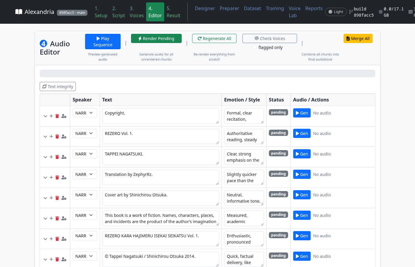 Editor screen: listen, correct and render chunks