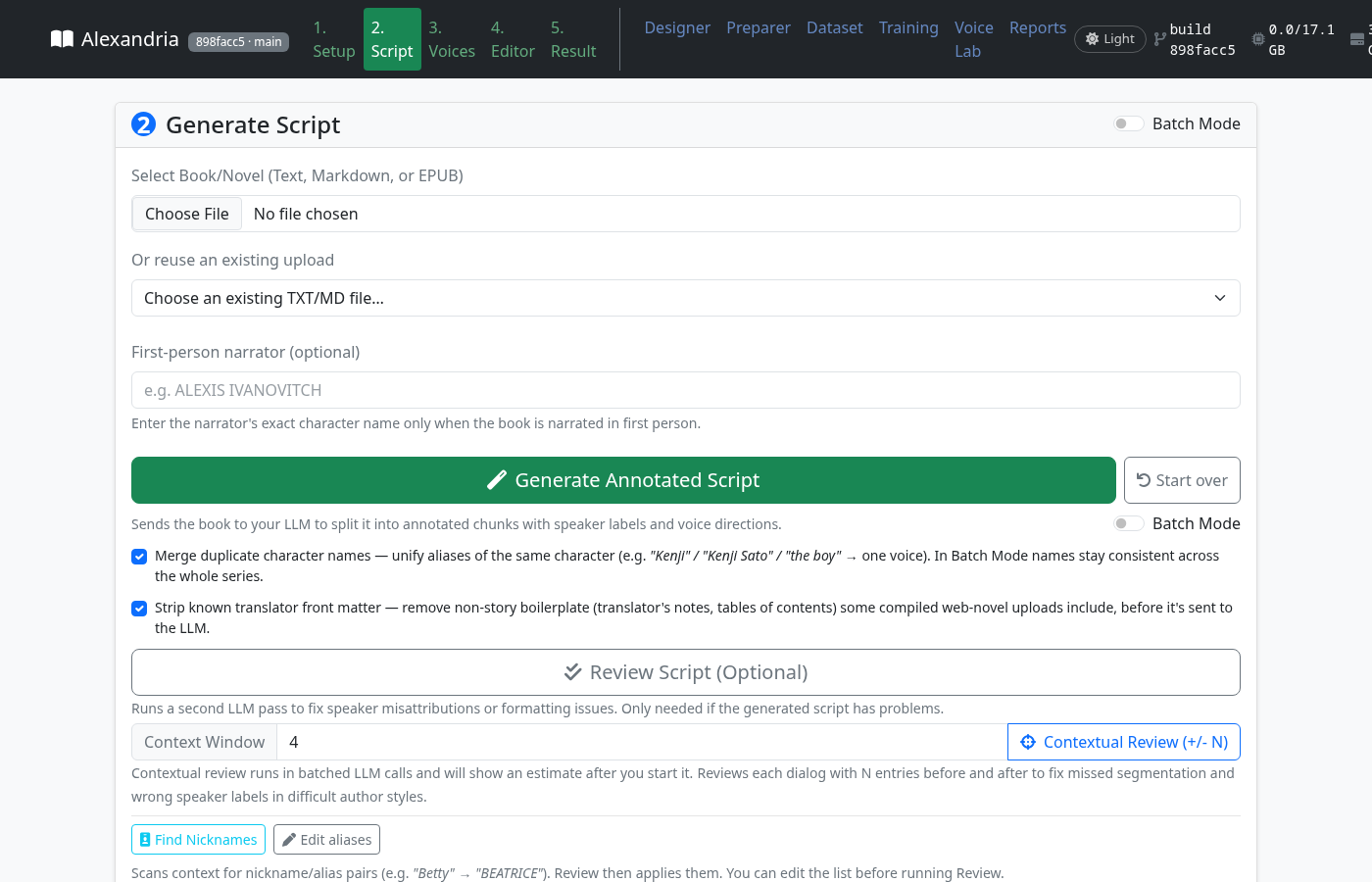Script screen: upload text and generate an annotated script