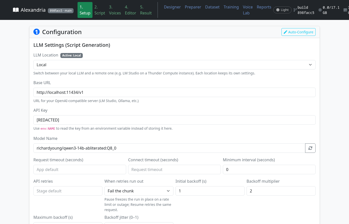 Setup screen: LLM connection and TTS settings