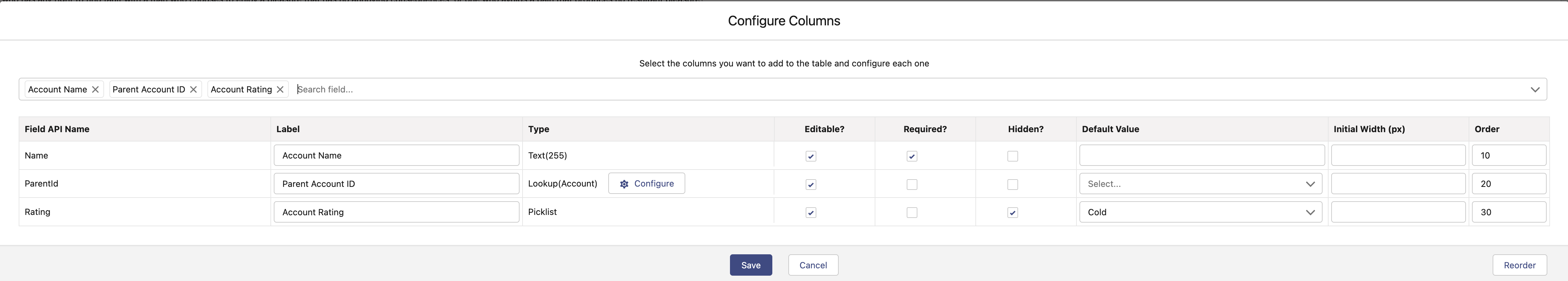 Columns Configuration