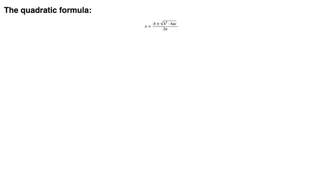 The quadratic formula, rendered from LaTeX through real Office Math