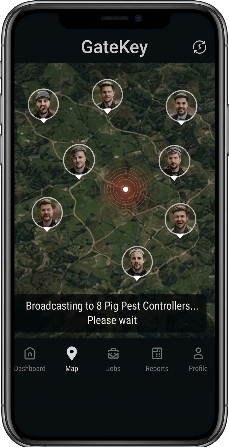 GateKey map showing an urgent request being broadcast to 8 pig pest controllers in the region